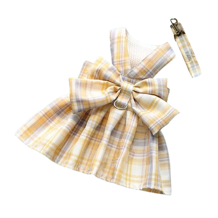Harnais pour chiens en forme de Robe jaune à carreaux. Vendu avec sa Laisse assortie. Confortable, convient aux petits chiens, chihuahuas, ou aux chats. Vendu dans la boutique « Mon Petit Chihuahua »