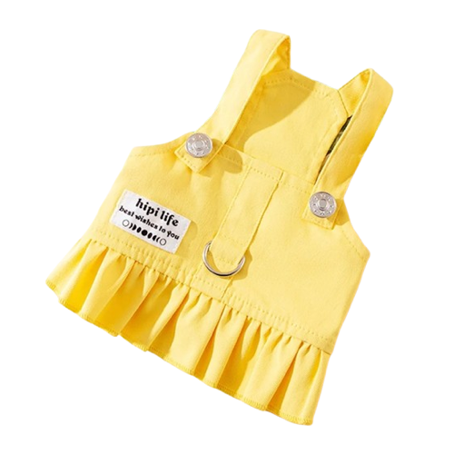 Harnais en forme de robe jaune pour petit chien avec sa laisse assortie. Confortable, convient aux petits chiens, chihuahuas, ou aux chats.