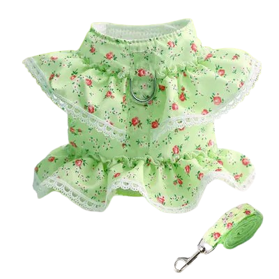 Harnais en forme de robe verte pour chiens. Vendu avec sa Laisse assortie. Confortable, convient aux petits chiens, chihuahuas, ou aux chats. Vendu dans la boutique « Mon Petit Chihuahua »
