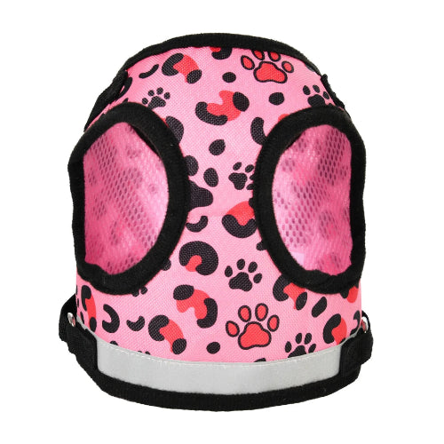 Harnais rose résistant avec motifs léopard pour chiens. Confortable, convient aux petits chiens, chihuahuas, ou aux chats.