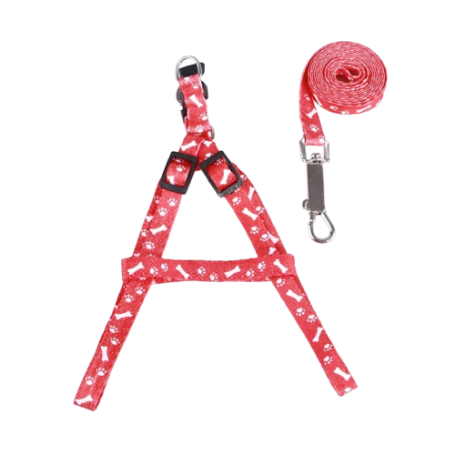 Harnais rouge aux motifs os pour petit chien avec sa laisse assortie. Confortable, convient aux petits chiens, chihuahuas, ou aux chats.