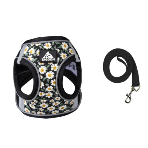 Harnais noir résistant avec motifs pâquerettes pour chiens. Vendu avec avec sa laisse assortie. Confortable, convient aux petits chiens, chihuahuas, ou aux chats.