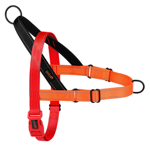 Harnais orange et rouge résistant en nylon pour chiens. Confortable, convient aux petits chiens, chihuahuas, ou aux chats. Vendu dans la boutique « Mon Petit Chihuahua »