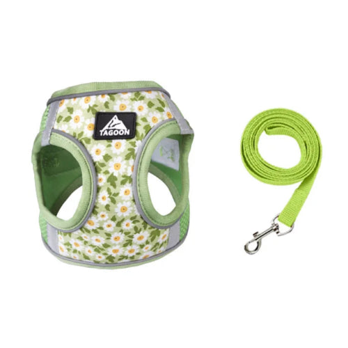 Harnais vert résistant avec motifs pâquerettes pour chiens. Vendu avec avec sa laisse assortie. Confortable, convient aux petits chiens, chihuahuas, ou aux chats.