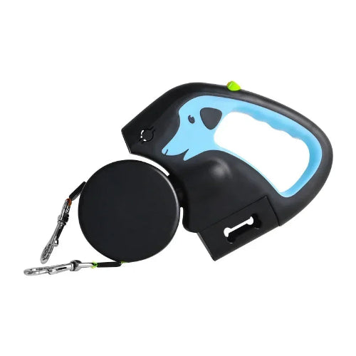 Double laisse rétractable bleue ciel et noire pour deux chiens. Pratique, convient aux petits chiens, chihuahuas, ou aux chats. Vendu dans la boutique « Mon Petit Chihuahua »
