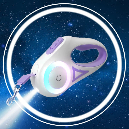 Double Laisse rétractable violette avec éclairage LED pour chiens. Pratique, convient aux petits chiens, chihuahuas, ou aux chats. Vendu dans la boutique « Mon Petit Chihuahua »
