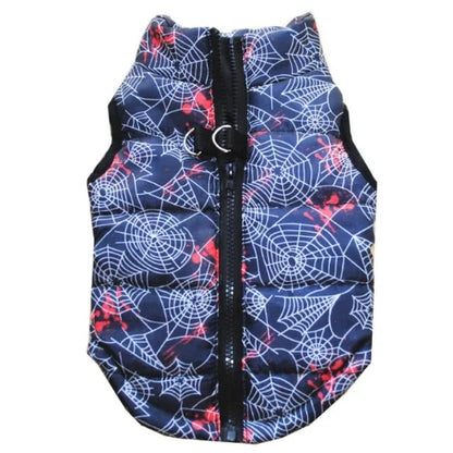 Manteau pour Chihuahua : doudoune bleue motifs toiles d'araignée – Confortable, parfait pour protéger votre petit chien ou chat pendant les promenades