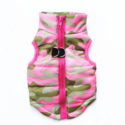 Chihuahua-Mantel: Grün-pinke Camouflage-Daunenjacke