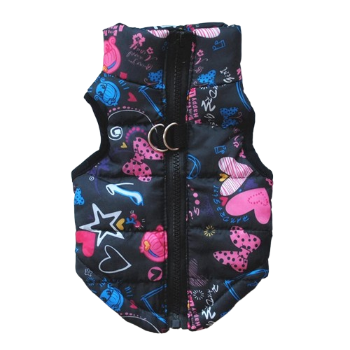 Chihuahua-Mantel: Schwarze Daunenjacke mit rosa-blauem Muster