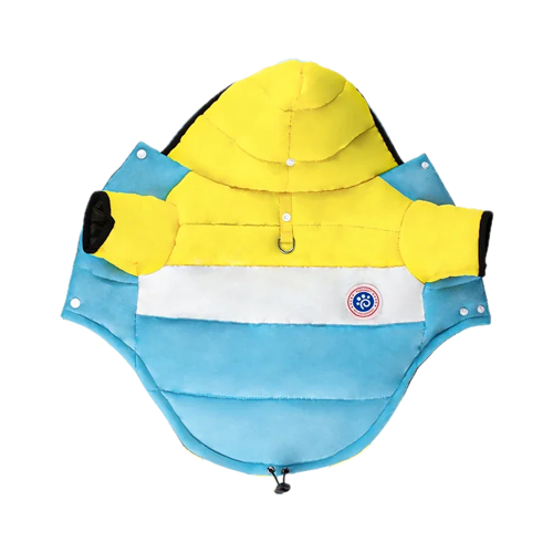 Chihuahua-Mantel: Gelbe und blaue Daunenjacke