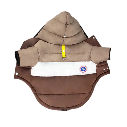 Chihuahua-Mantel: Braun-weiße Daunenjacke