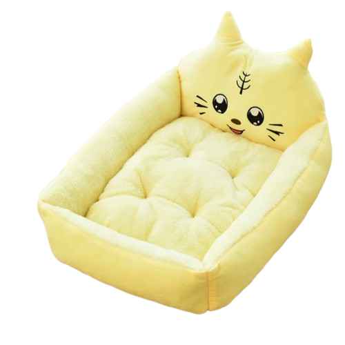 Niche jaune style panière avec tête de chat pour Chihuahua – Confort maximal avec intérieur moelleux, parfait pour les petits chiens ou chats