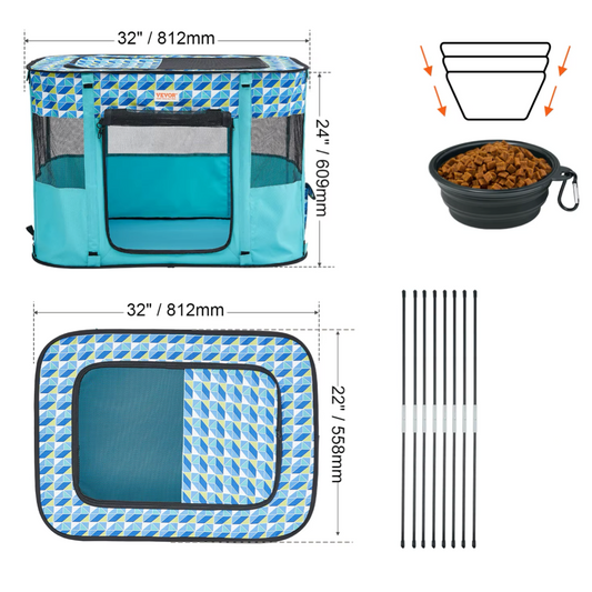 Niche pour Chihuahua : Parc pliable rectangulaire bleu avec toit. Pratique pour rassurer votre petit chien ou chat lors de vos voyages avec une niche qu'il connait. 