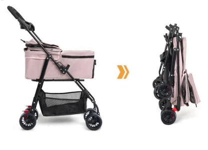 Poussette couverte pliable rose pour transporter votre Chihuahua – Confortable, idéale pour amener votre petit chien ou chat - vue pliée