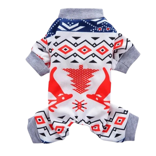 Pyjama blanc avec motif cerfs bleu et rouge pour Chihuahua – Confortable, idéal pour garder votre petit chien ou chat au chaud pendant la nuit