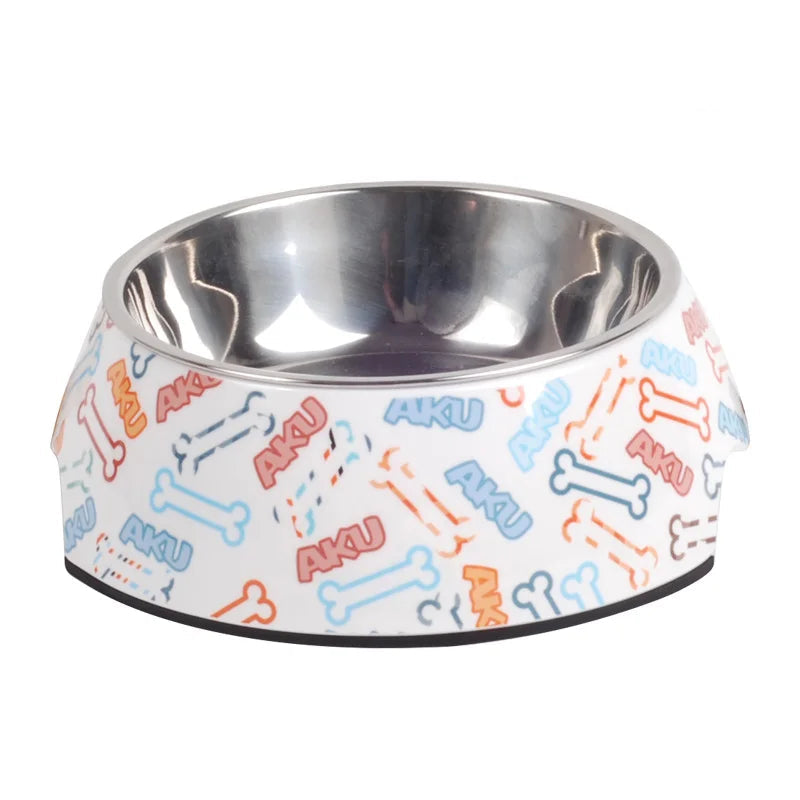 Dog Bowl: White stainless steel with bone pattern