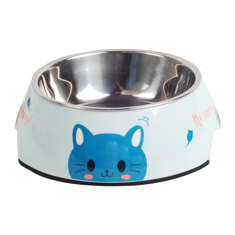 Dog Bowl: Blue stainless steel with cat motifs