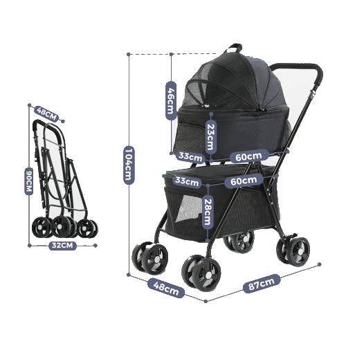 Poussette pliable double noire pour Chihuahua avec roues tout-terrain – Pour transporter votre petit chien ou chat facilement lors de vos sorties - Mesures