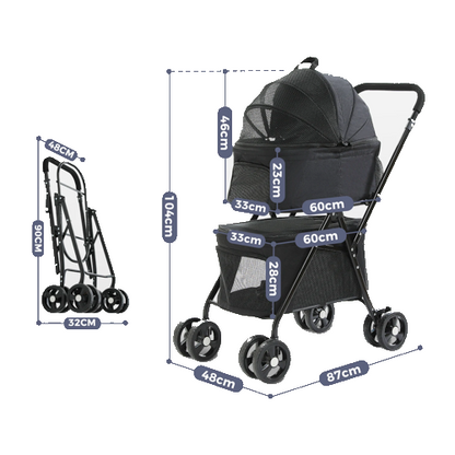 Poussette pliable double noire pour Chihuahua avec roues tout-terrain – Pour transporter votre petit chien ou chat facilement lors de vos sorties - Mesures