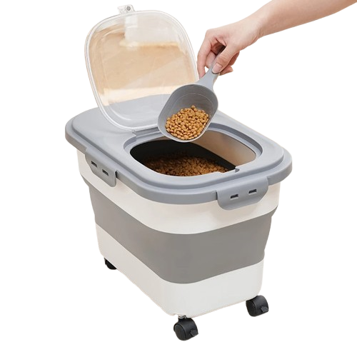 Accessoire pour Chihuahua - Boîte à croquettes blanche et grise sur roulettes - Hermétique pour la nourriture de votre petit chien ou chat