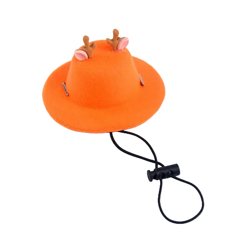 Chapeau coloré orange pour petit chien, avec motifs sur le dessus. Accessoire élégant et amusant vendu sur la boutique Mon Petit Chihuahua. Convient aussi aux chats.
