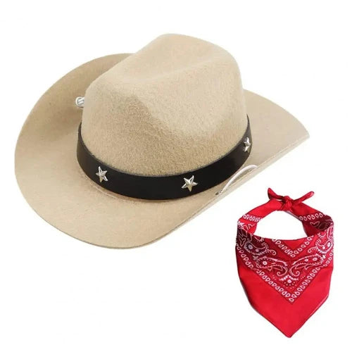 Déguisement Chihuahua : chapeau de cow boy beige avec foulard rouge confortable et tendance, parfait pour les fêtes, évènements, anniversaires, ou halloween – taille parfaite pour les petits chiens - vue de face