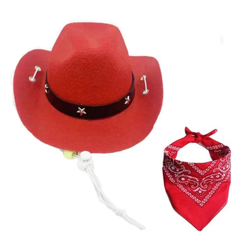 Déguisement Chihuahua : chapeau de cow boy rouge avec foulard rouge confortable et tendance, parfait pour les fêtes, évènements, anniversaires, ou halloween – taille parfaite pour les petits chiens - vue de face