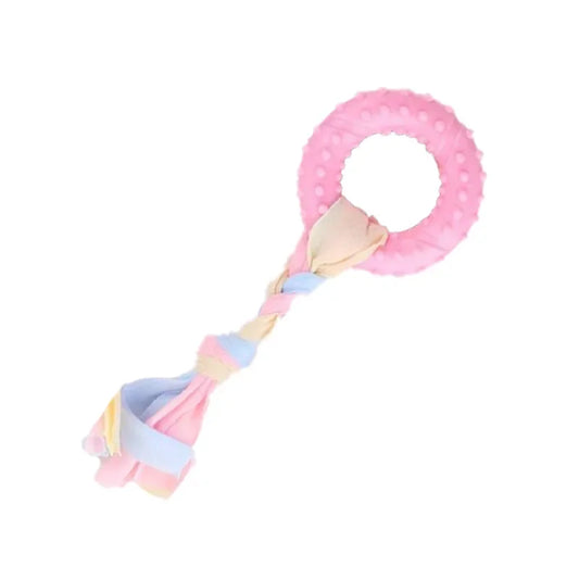 Jouet rose pour petits chiens en forme de rond avec lanière.Vendu sur la boutique Mon Petit Chihuahua. Convient aussi aux Chats.
