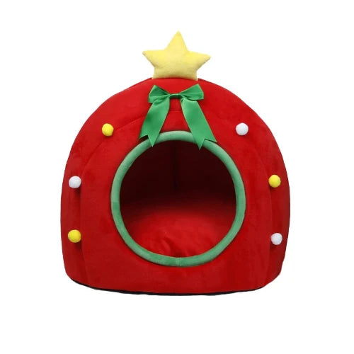 Niche pour Chihuahua en forme de sapin de noël rouge – Intérieur moelleux, parfait pour les petits chiens ou chats