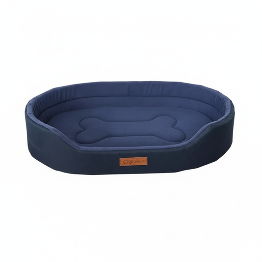 Niche pour petits chiens en forme de panière avec motif OS. Couleur bleu. Vendu sur la boutique Mon Petit Chihuahua. Convient aussi aux Chats.
