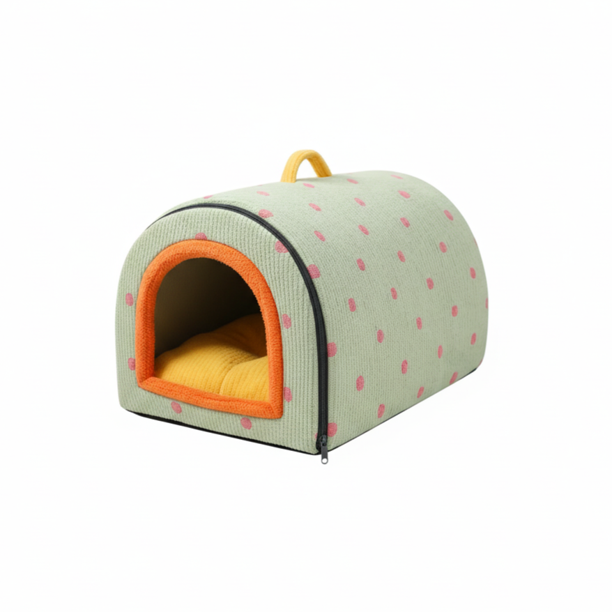 Niche pour petits chiens. En velours vert avec des pois. Vendue sur la boutique Mon Petit Chihuahua. Convient aussi aux Chats.
