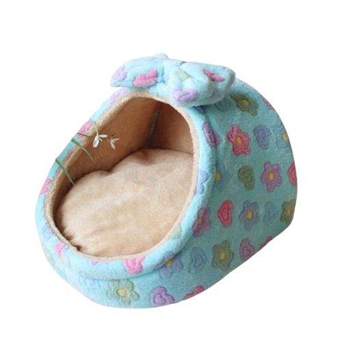 Niche pour Chihuahua bleue avec des fleurs – Confort maximal avec intérieur moelleux, parfait pour les petits chiens ou chats