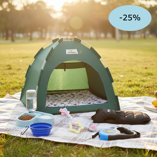 Pack de 6 articles en promo pour les petits chiens. Une niche en forme de tente, une gamelle automatique, une gamelle pliable pour les promenades, une doudoune avec harnais intégré, une laisse rétractable, un jouet en forme d'étoile.Pack vendu dans la boutique Mon Petit Chihuahua.