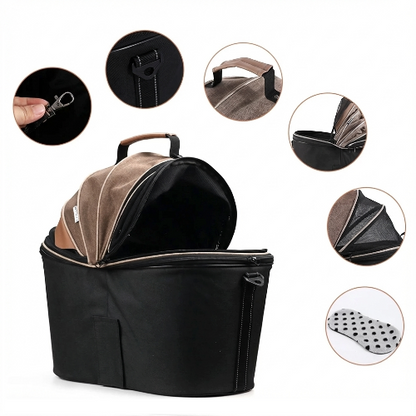 Panier vélo pour petits chiens. Se fixe sur le porte bagages de manière sécurisée. Imperméable, permet de transporter votre chien sur votre vélo. Se porte aussi en bandoulière. Vendu sur la boutique Mon Petit Chihuahua. Convient aussi aux chats.
