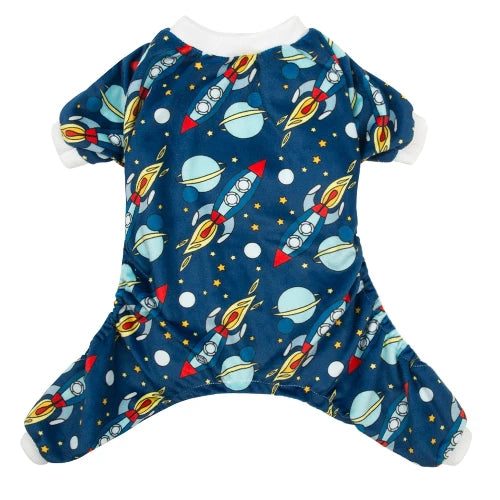 Pyjama bleu avec motif fusées pour Chihuahua – Confortable, idéal pour garder votre petit chien ou chat au chaud pendant la nuit